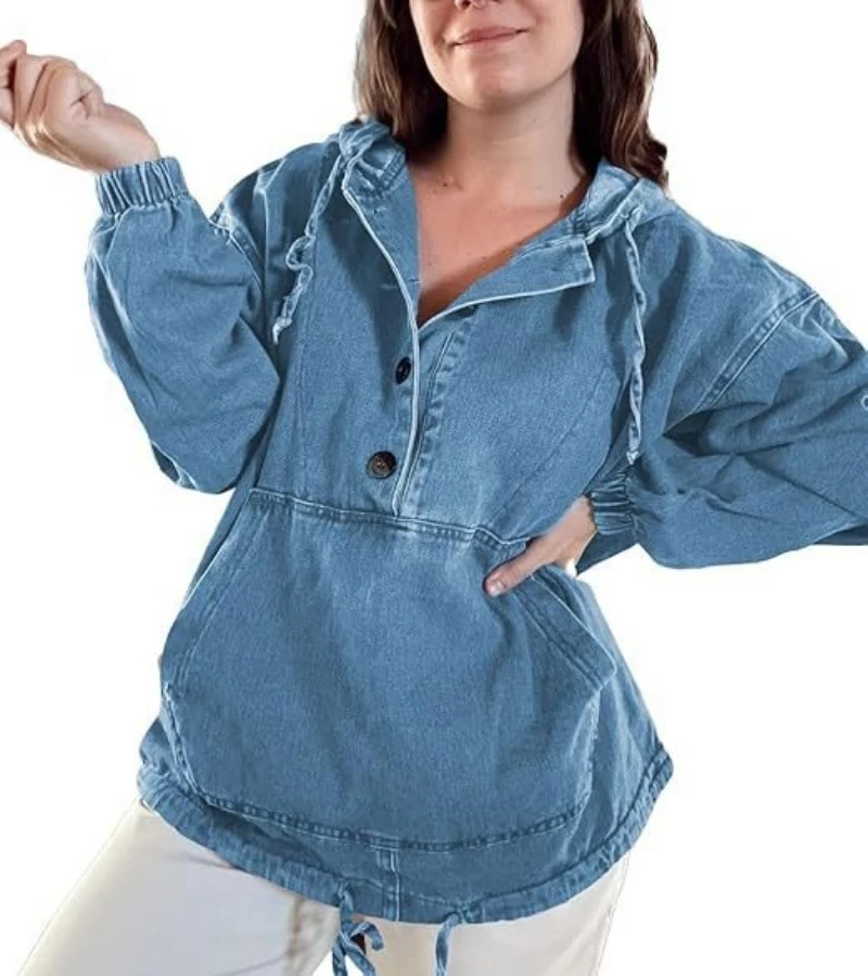 2026 Autumn  Loose Hooded Women's Design Large Pocket Drawstring Denim Sweatshirt Trendy Female Pullover Blue Oversize Tops