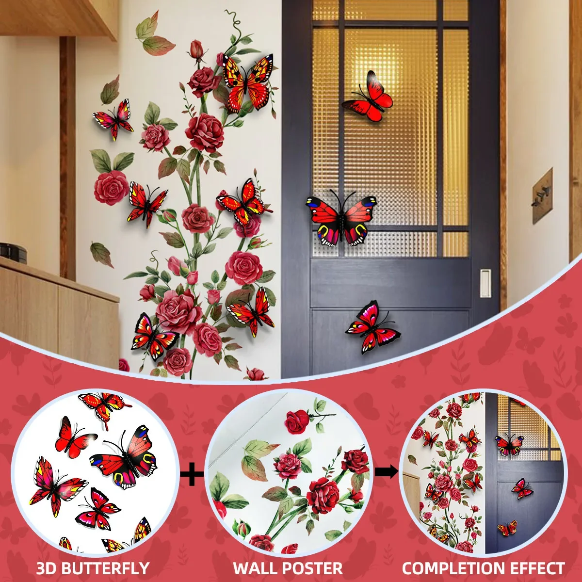 Red vine rose wall sticker plus three-dimensional butterfly decoration living room background