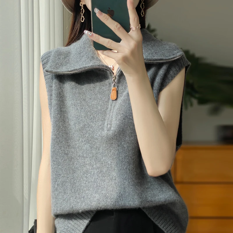 WOTEEWS  Hot selling women's 100% wool vest, new knitted sleeveless sweater, fashionable short women's lapel pullover vest