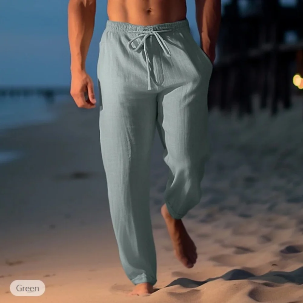 2025 New Men's Beach Pants Joggers Streetwear Cotton Linen Sweatpants Casual Pants Hawaiian Vacation Loose Summer Long