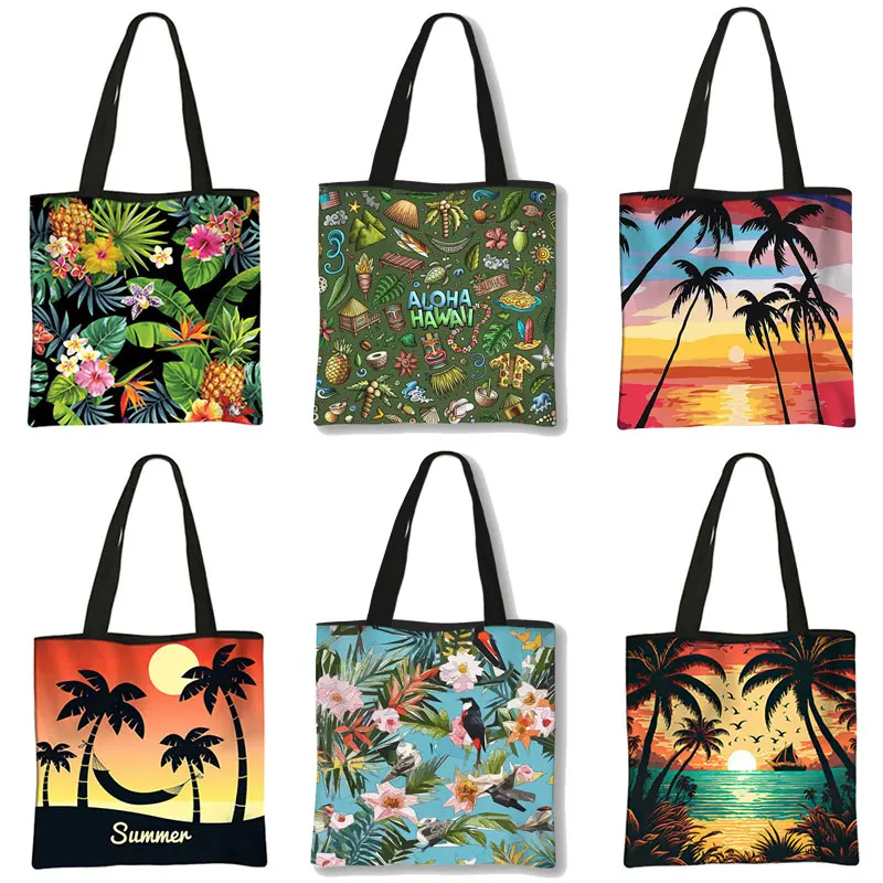 Hawaiian palm Coconut Trees Print Handbag botanics birds Casual Tote Bags Large Capacity Shoulder Bags Reusable Shopping Bag