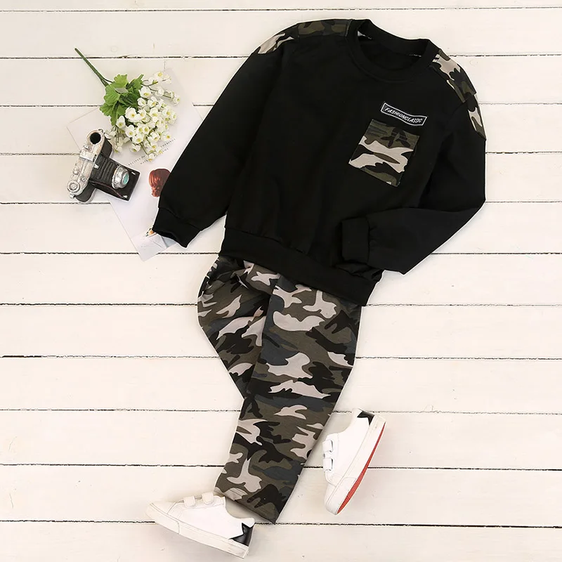 Autumn Children Boys Cotton Camouflage Pattern Long Sleeve Casual T-shirt Tops Trousers Outfits Set