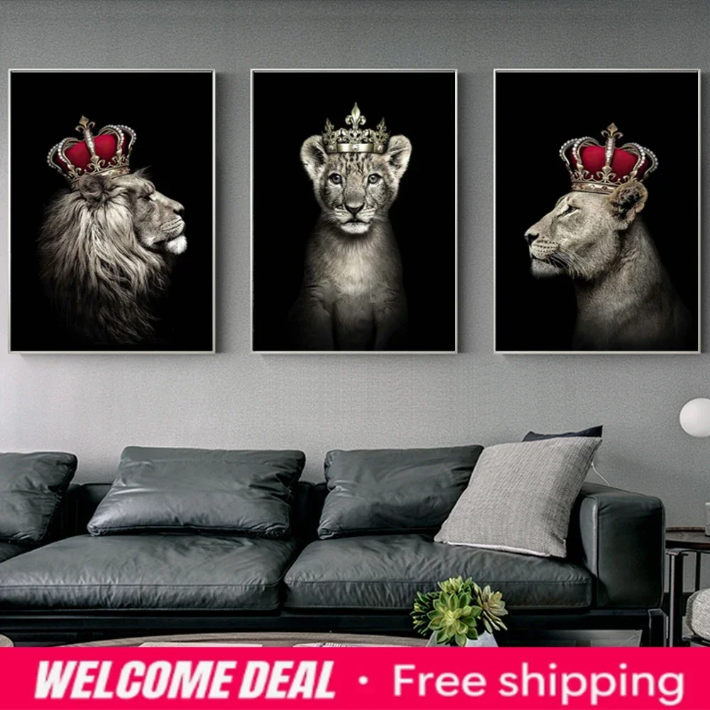 2026  Black African Crown Lion King Queen Animal Poster Lion Family Canvas Print Wall Art Picture Living Room Interior Home D