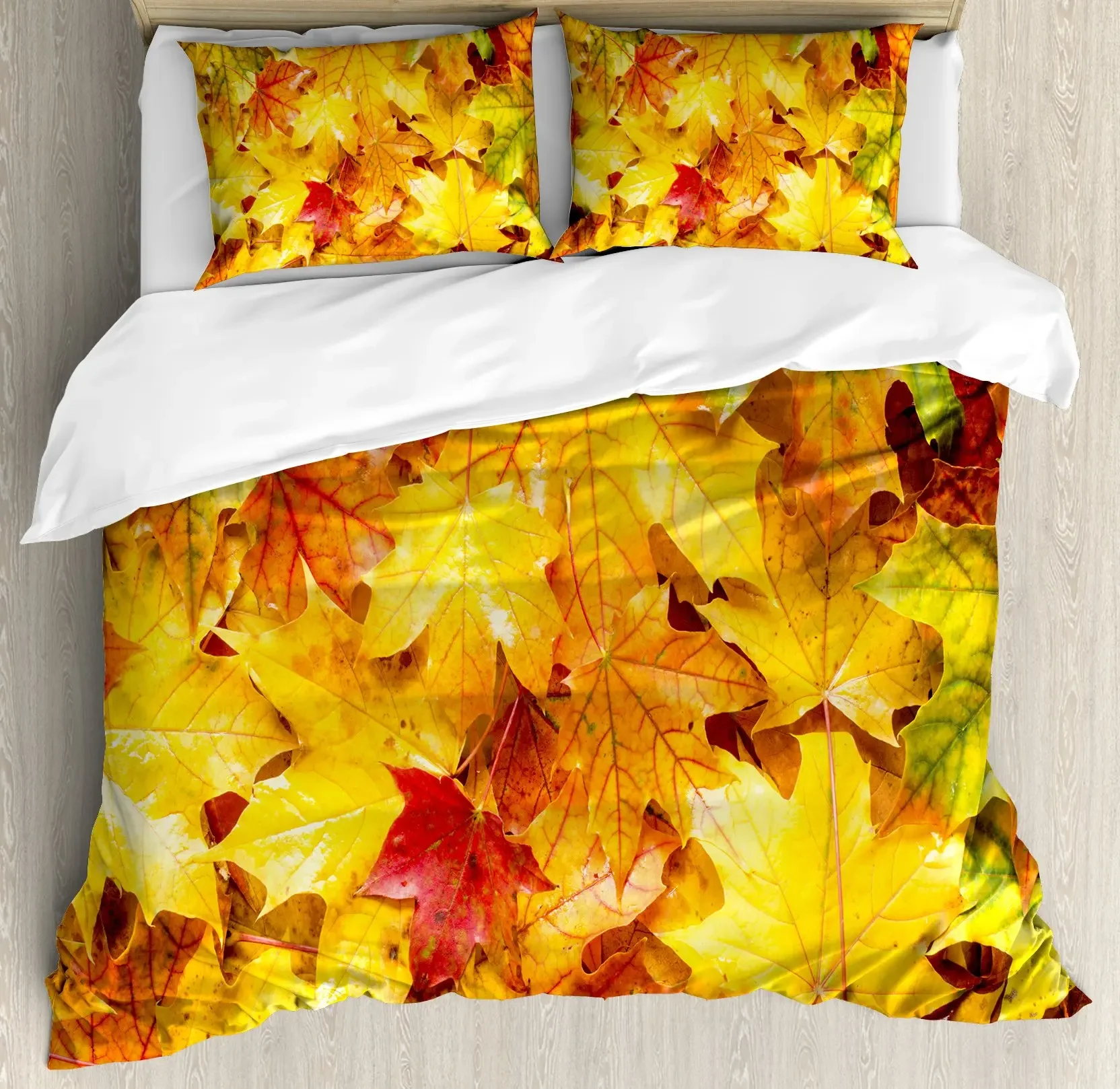 Autumn Pumpkin Duvet Cover Full Size 3 Pcs Watercolor Orange Maple Leaves Bedding Set for Kids Teens Adults with 2 Pillowcases