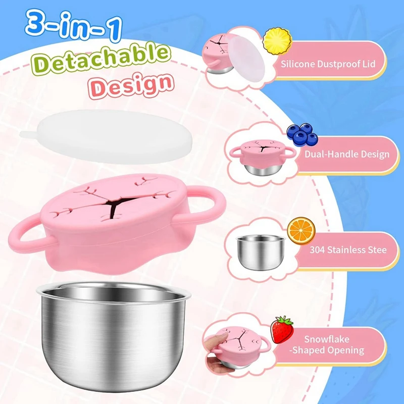 

2 Pack Toddler Snack Containers -13.5oz Stainless Steel Snack Cups with Snowflake Silicone Lids & Handles Retail