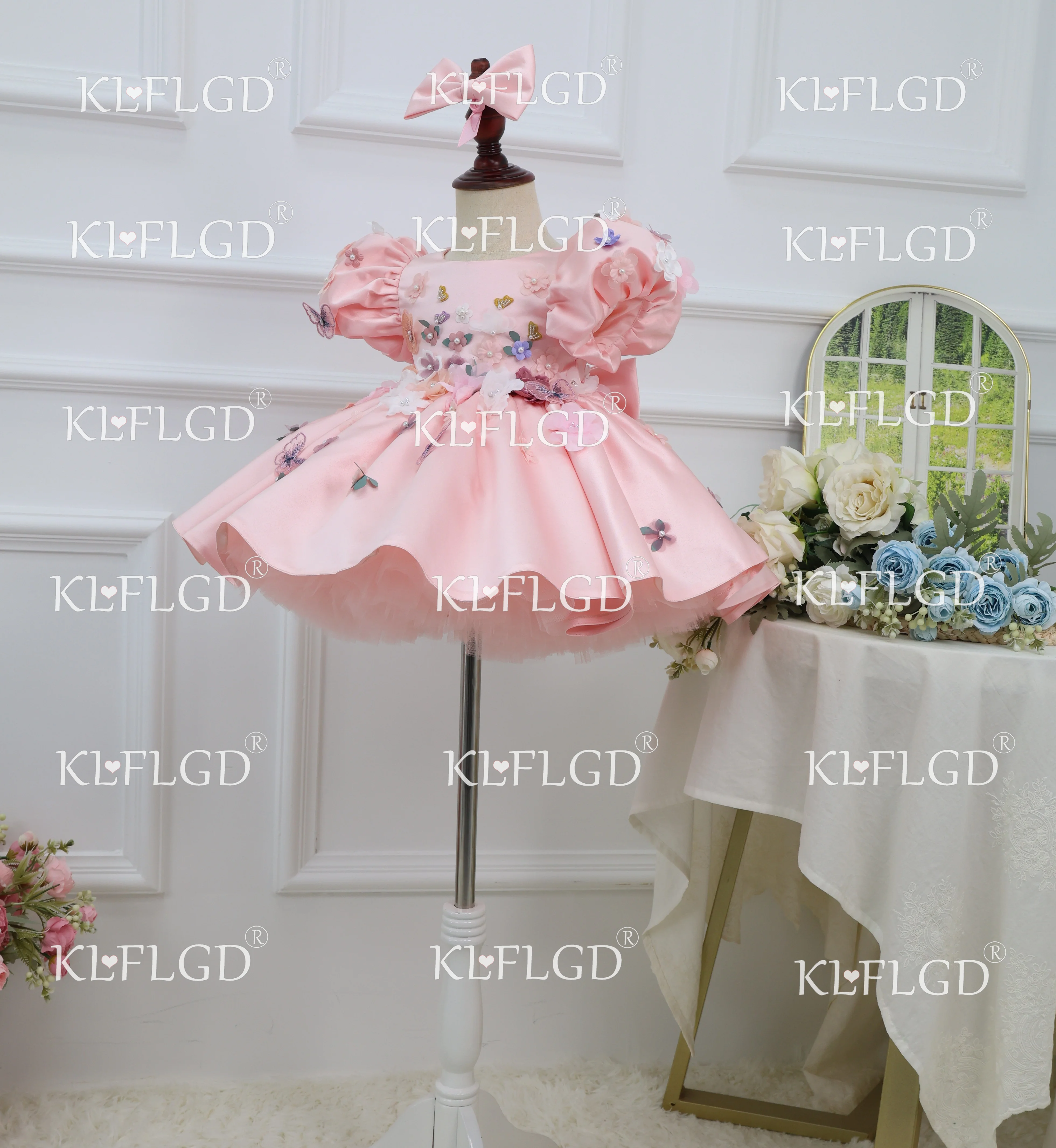 KLFLGD Gorgeous and elegant girls' satin high-end dress, hand embroidered girls' fluffy skirt, birthday party formal party costu