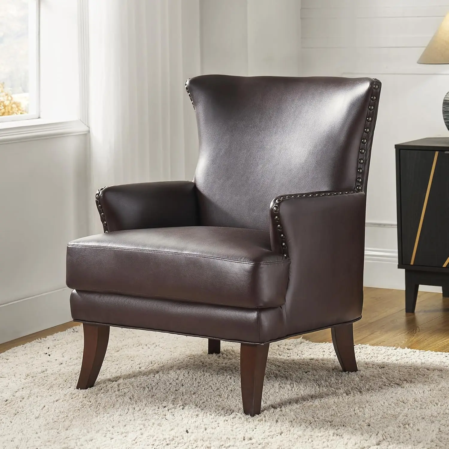 Hulala Home Faux Leather Accent Chair With Arms For Living Room, Modern Leather Single Sofa Armchair With Nailhead Trim, Vegan