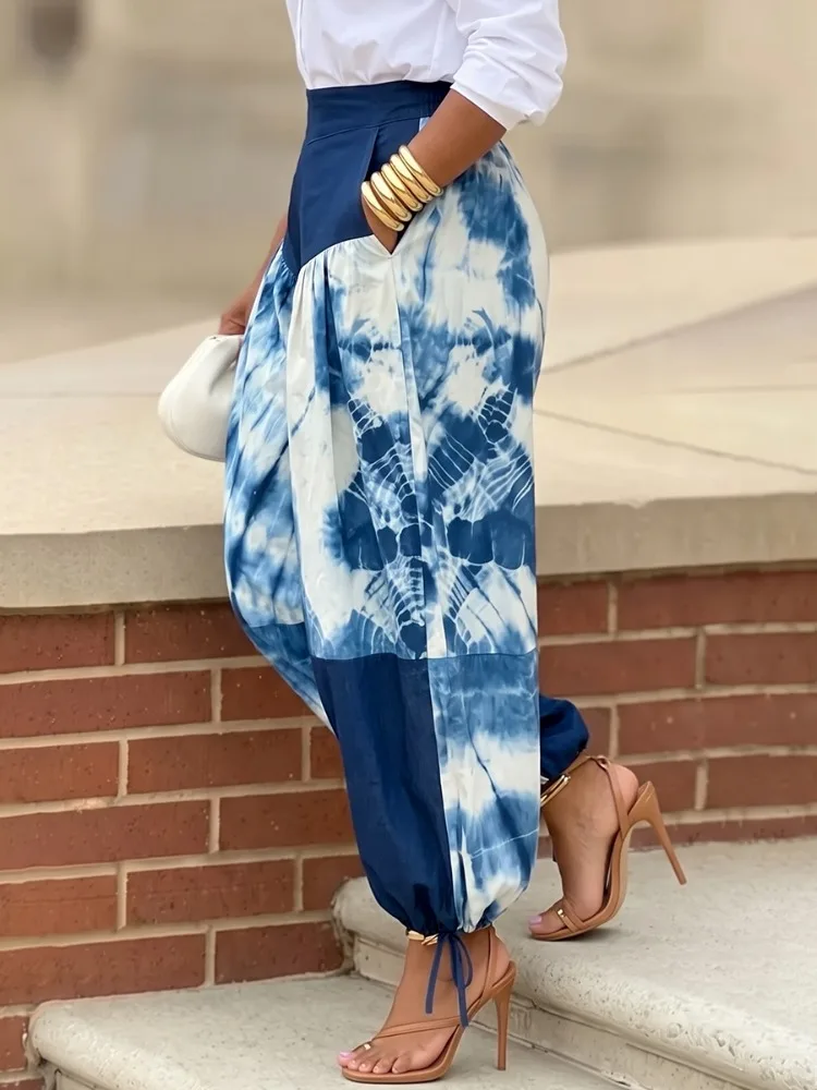 UOOZEE Women Contrast Color Printed High Waist Patchwork Harem Pants Loose Drawstring Ankle-Tied Casual Balloon Trousers view 6