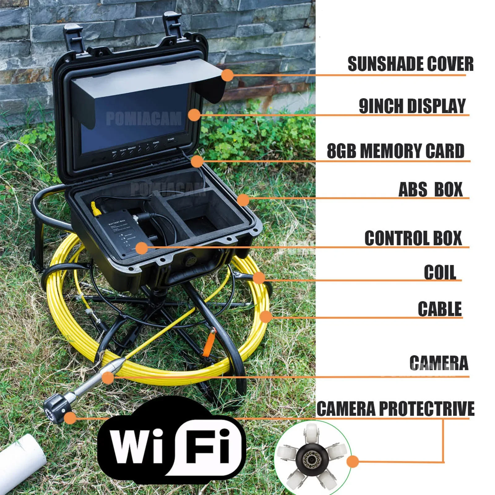 WP9600B Video Drain Pipe Inspection Endoscope 9inch LCD Screen 17mm Lens Camera with A Protective Case Support WIFI Connection