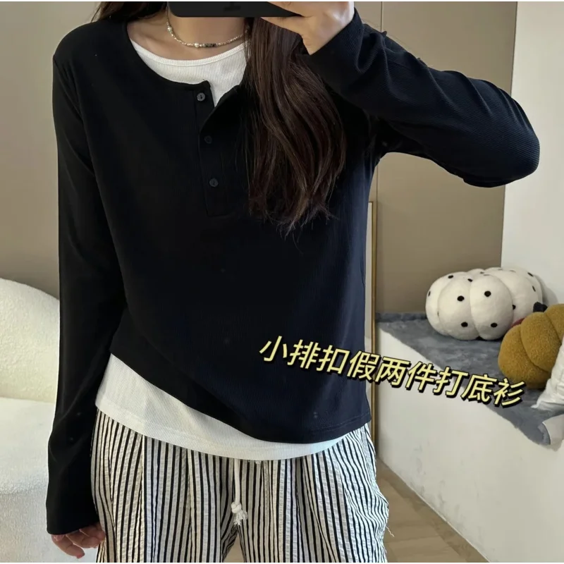 Women's Casual Long Sleeve 2 in 1 T-Shirts Crew Neck Tunic Basic Fall Tops Black Henry Shirt