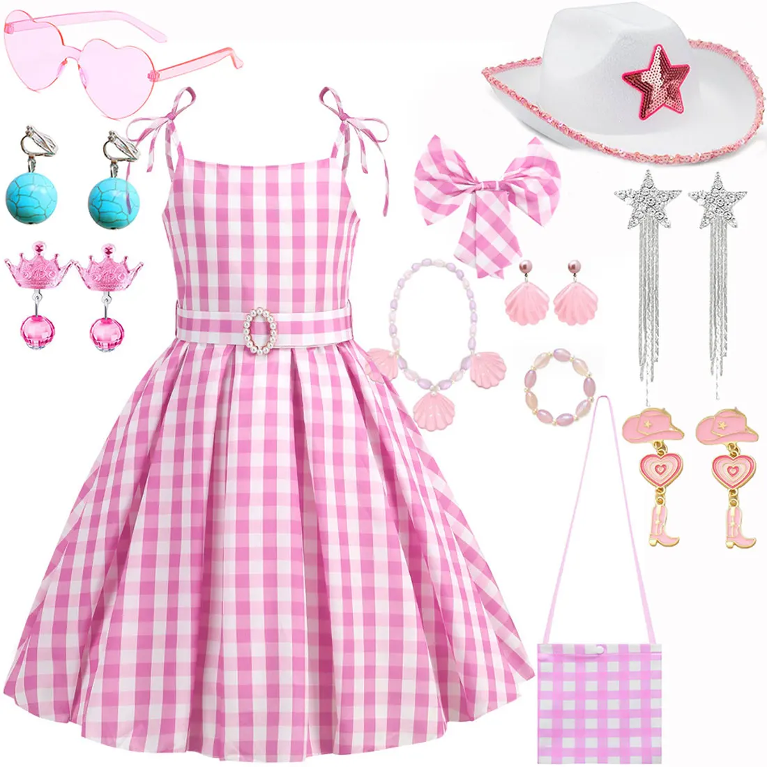 

Movie Margot Robbie Barbi Costume Role Play Baby Pink Starry Dress Suit Halloween Party Sleeveless Pink Plaid Strap Dress Set