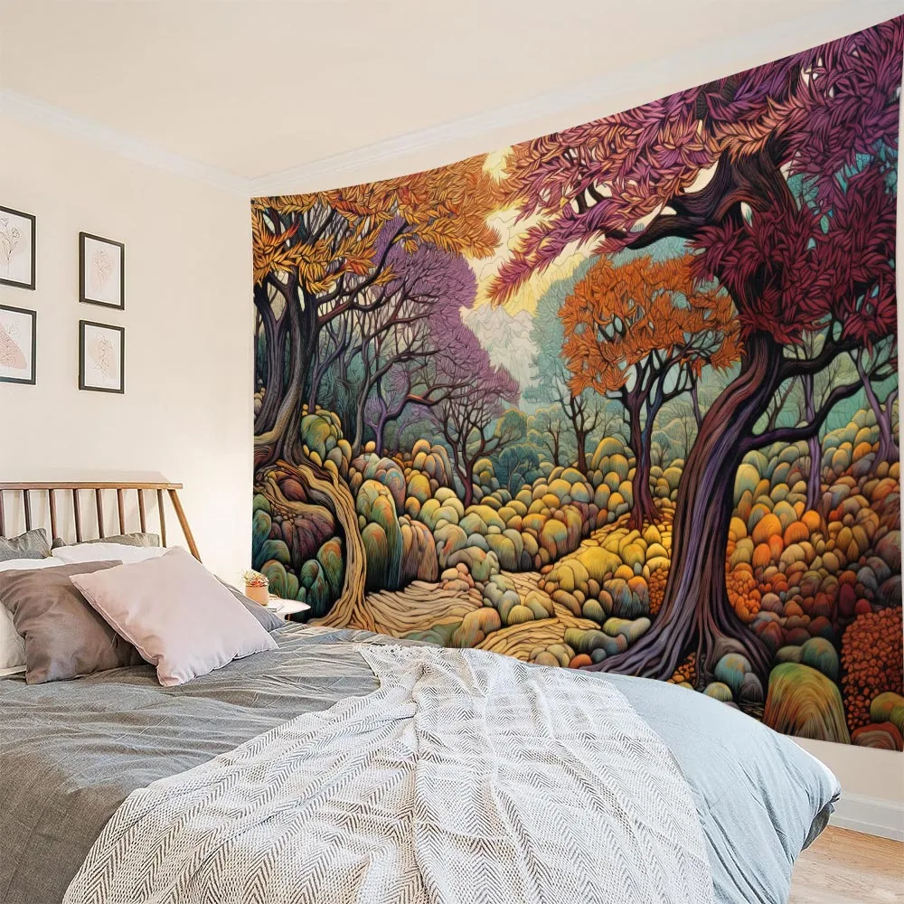

Cartoon Forest Tapestry Colorful Landscape Oil Painting Wall Hanging Bedroom Dormitory Decoration Aesthetic Background Poster