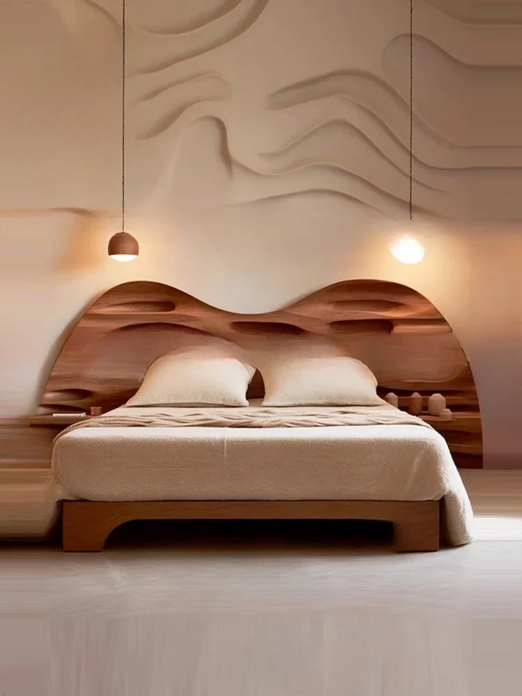 中世風シンプルで独創的な無垢材ダブルベッド 1.8m マスターベッドルームベッド