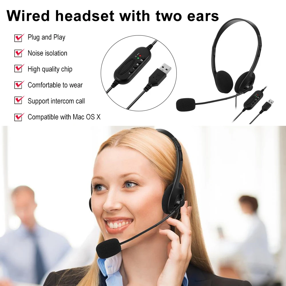 USB Headset with Microphone Noise Cancelling & Volume Control Wired Headphones for Call Center Home Offices Dual Ear Headset