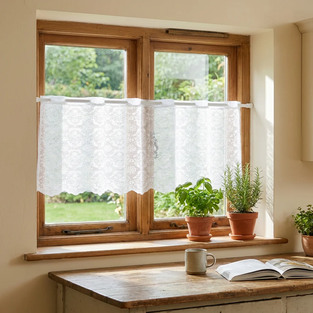 1pc Fresh Rural Floral Lace Curtain One Piece Wavy Bottom Window Kitchen Decor Semi-Transparent Home Textile