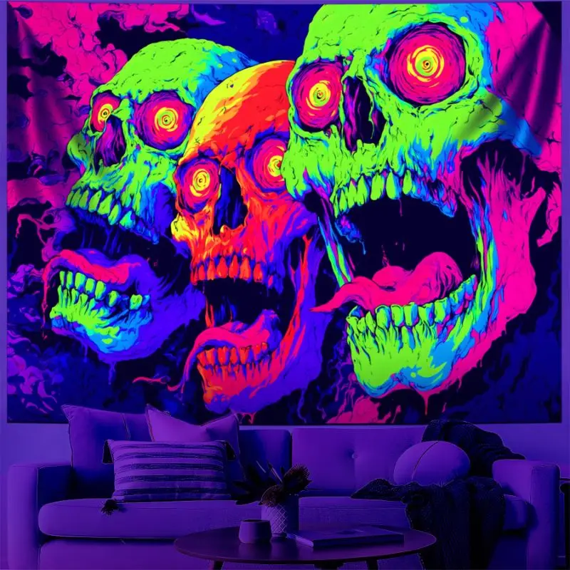 VIKAMA UV Fluorescent Death Skeleton Tapestry Neon Psychedelic Horror Skull Wall Hanging Bedroom Dorm Party Decor