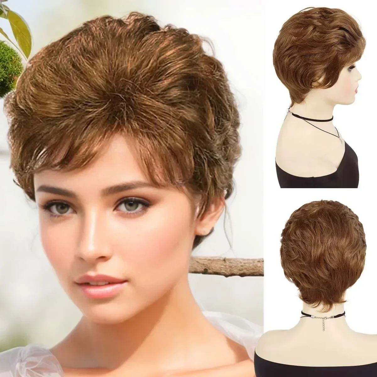 Premium Synthetic Wigs for Women Short Curly Wig with Bangs Red Brown Wigs for Mother Daily Wear Natural Hair Styles Mommy Wig