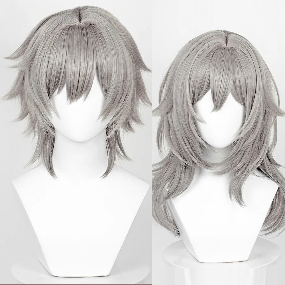 Synthetic Long Short Straight Gray Hair Wig for Party Game Honkai Star Rail Trailblazer Caelus Stelle Cosplay Wigs with Bangs