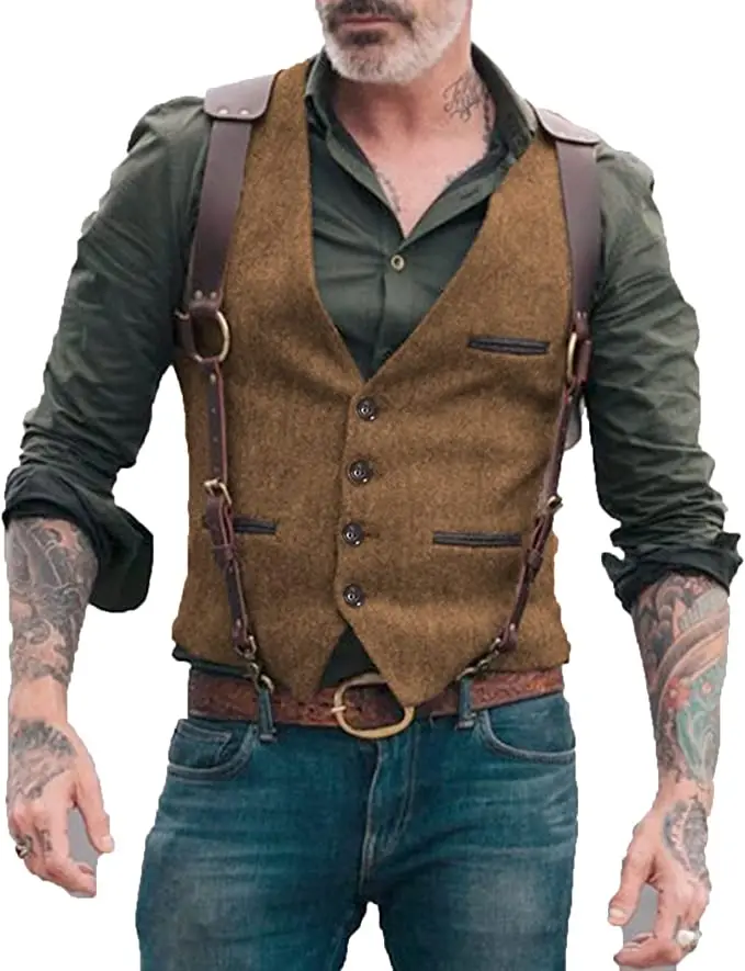 Men's Hunting Tweed Vest Vintage Retro V-Neck Wedding Business Slim Fit Party Wool Button closure with V-neck