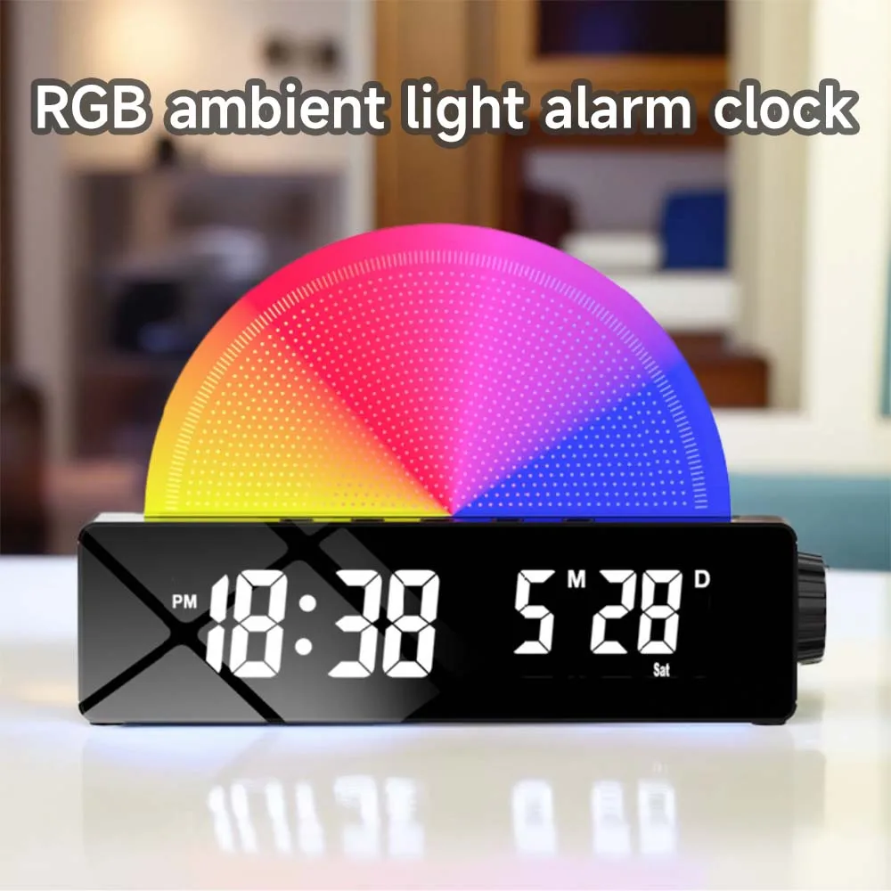 LED Smart Sunrise Alarm Clock with USB Charging Port, Mirror Design, Calendar & Temperature Display