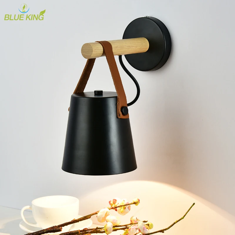 Nordic Metal Wood Wall Lights Bedroom Bedside LED Lights Black White Modern Leather Belt Wall Lamp LED Restaurant Bar Lighting