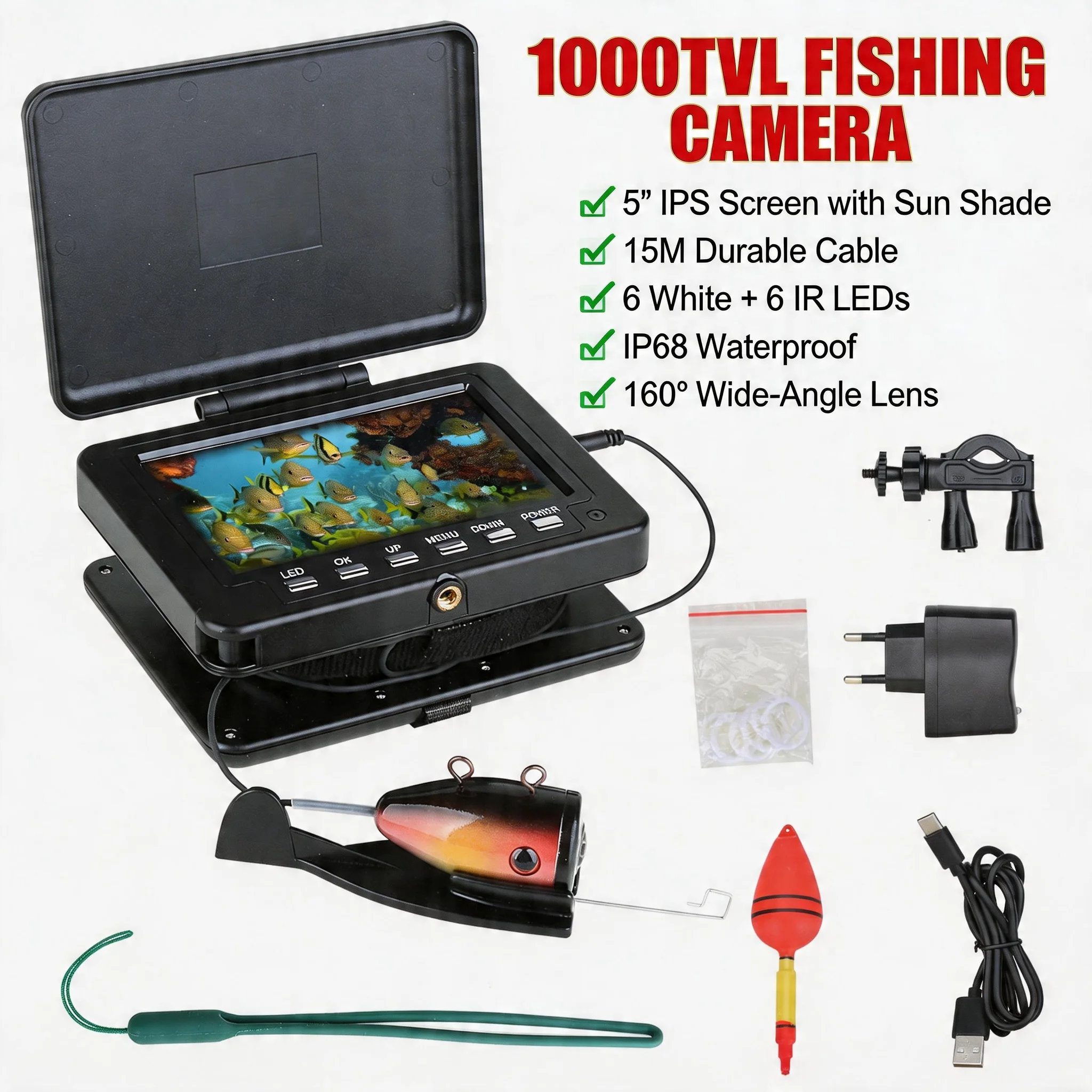

5-дюймовый IPS-монитор 1000TVL с подводной камерой для поиска рыбы, кабель 15 м, 6 белых + 6 ИК-светодиодов, ночное видение, водонепроницаемость IP68, для льда, моря, реки