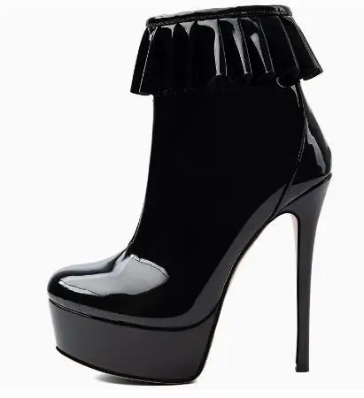 Black Patent Leather Ruffled Top Platform Ankle Boots Women Round Toe Stiletto High Heels Zipper Side Dress Ankle Booties Shoes