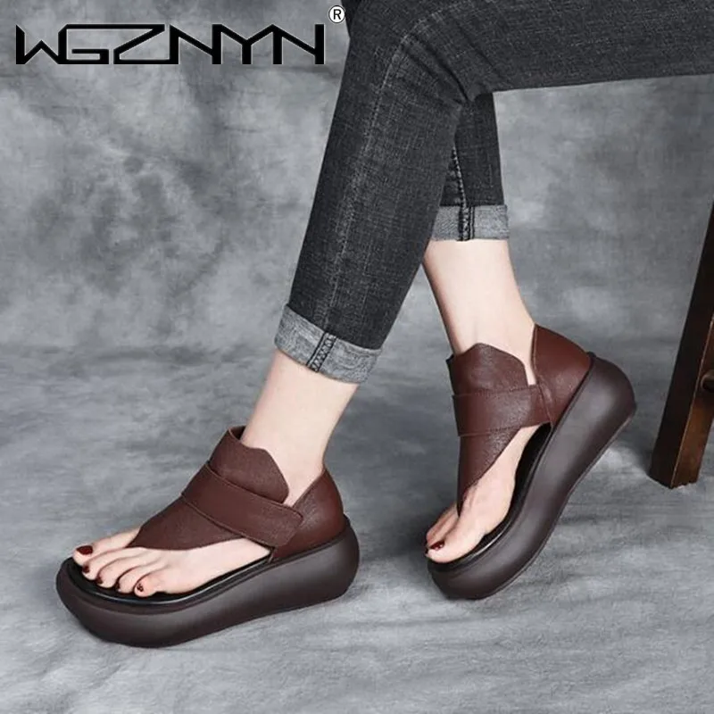 NEW Designer Women Sandals Round Toe Leather Platform Wedges 2024 Summer High Heel Shoes Full Genuine Leather Black Casual Shoe