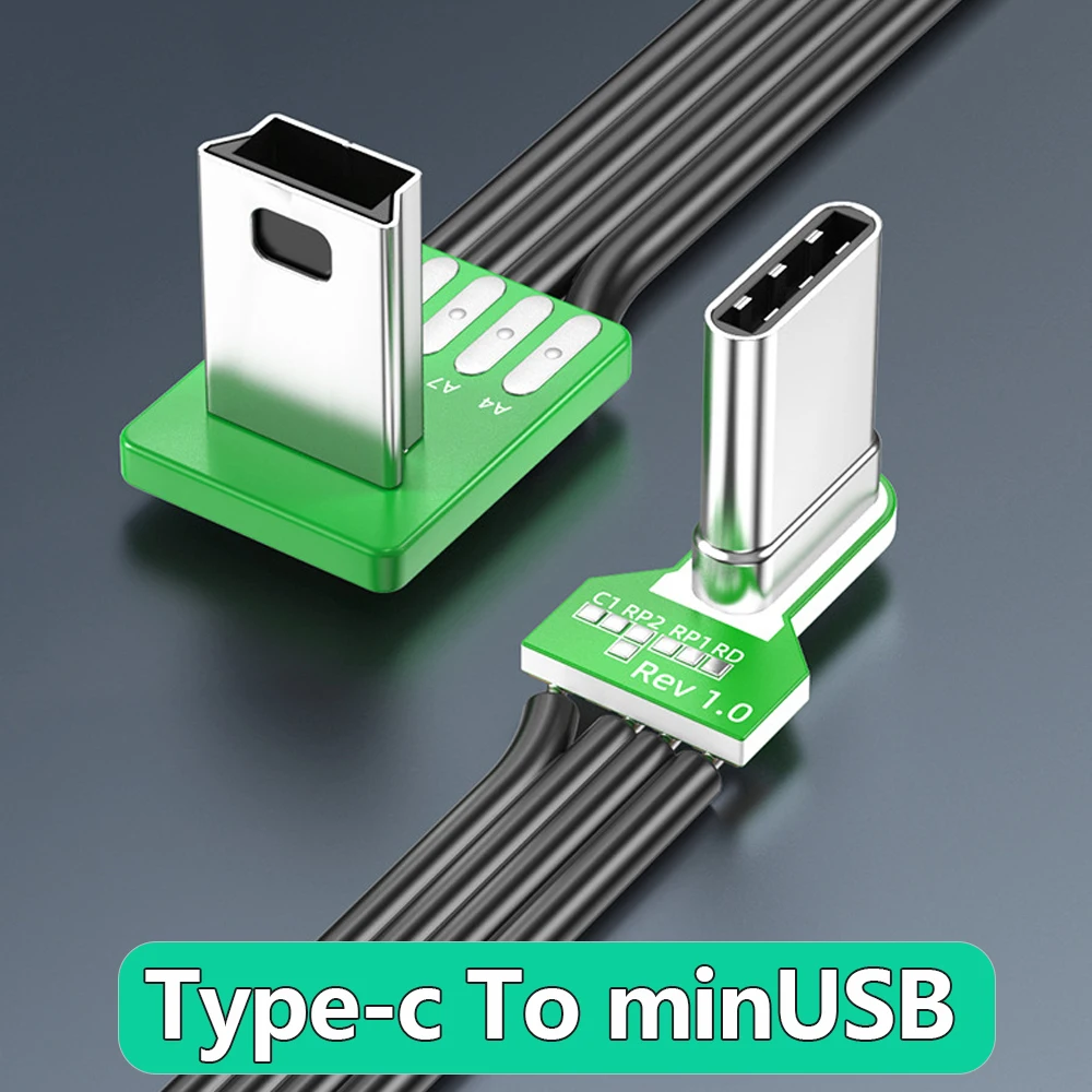 Mini USB To Type-C Flat Cable Dual Angled Connectors Up Down Left Right for Car Dash Cams T Port Customizable Camera Computer