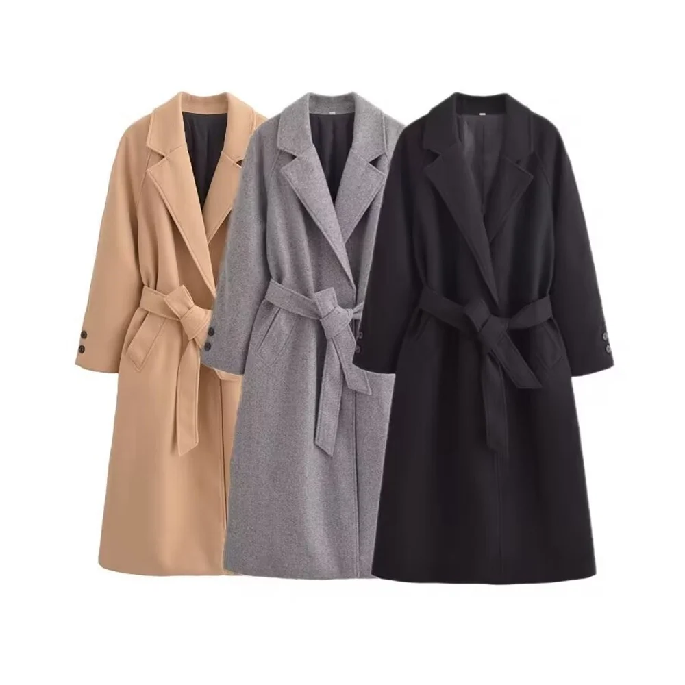 UNIZERA with belt pocket decoration solid color coat for autumn and winter new products long sleeved lapel long coat for women