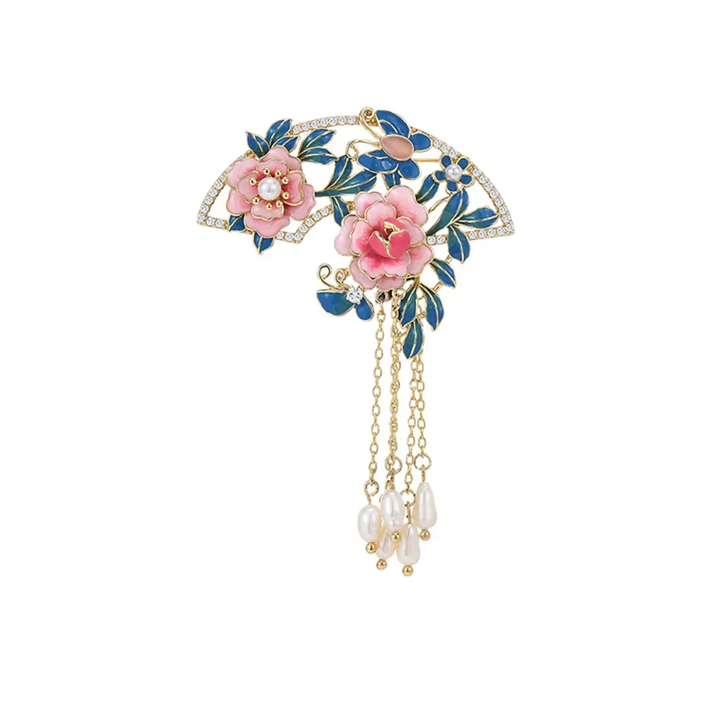 Chinese style Peony Flower Brooch Exquisite women Tassel Pearl Pendant brooches Inlaid zircon alloy brooch Suit pins accessories