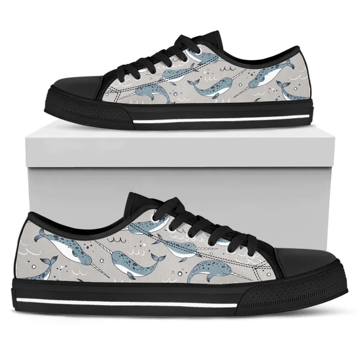 

Trend Graffiti Lace Up Canvas Shoes Fashion Print Narwhal Low Top Ladies Flat Shoes Wild Soft Sole Casual Shoes