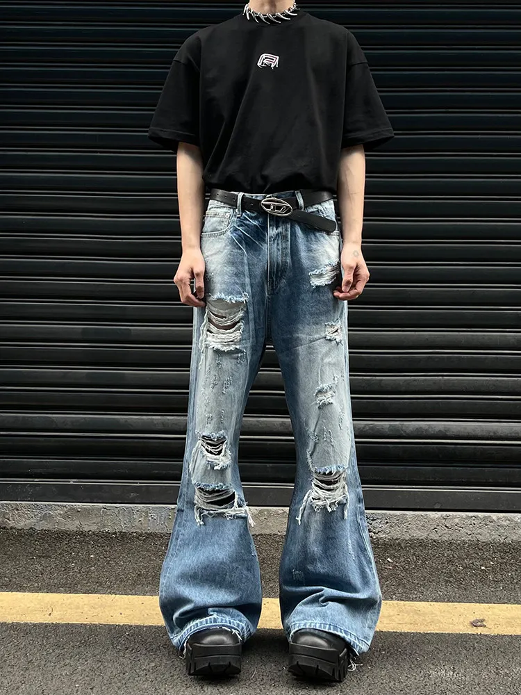 Retro American Washed Distressed Micro Flared Jeans Men's Casual Loose Couple Hip Hop Loose Long Pants Summer Wear