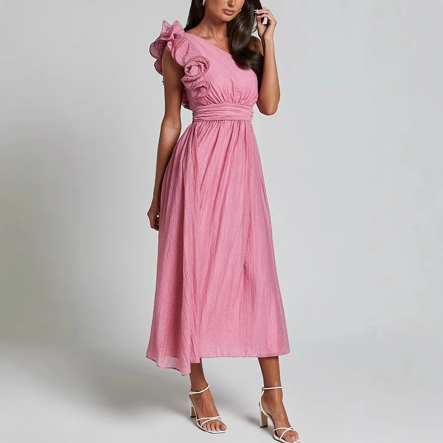

Elegant sexy white dress 2025 summer new fashionable sloping shoulder backless dress for women