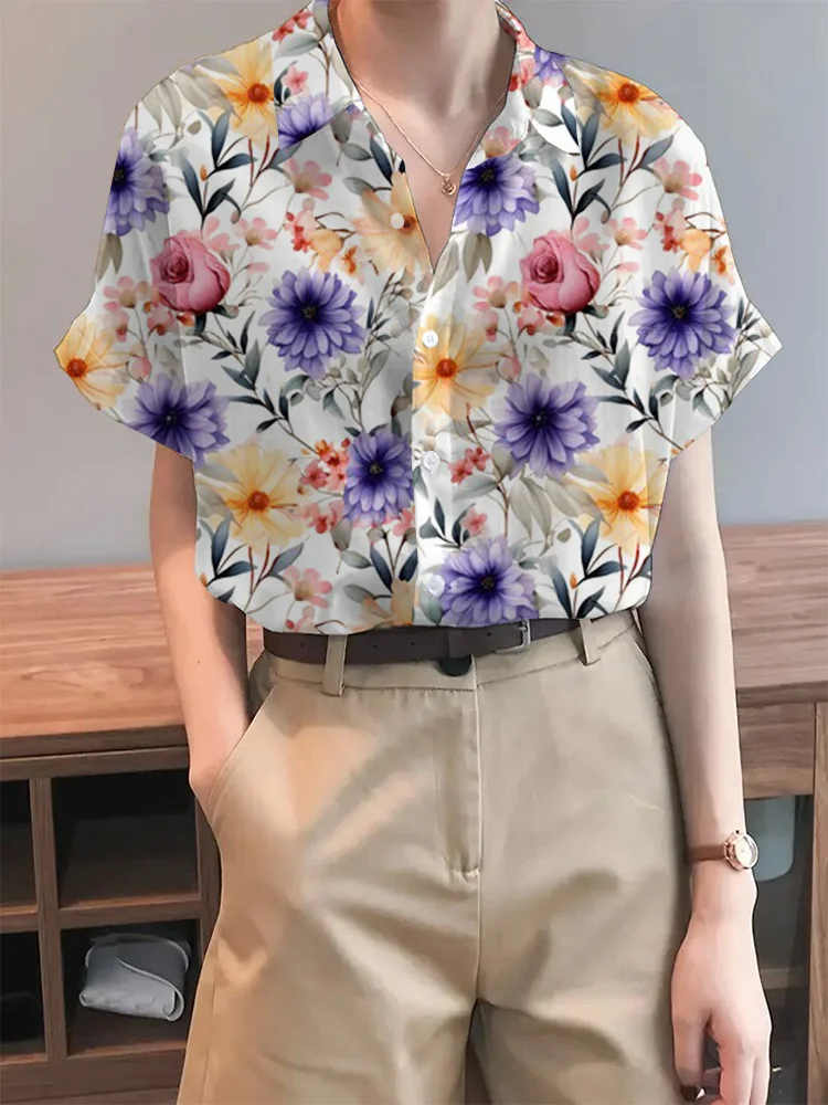 Summer Shirts & Blouses Floral Printed Women\'s Shirts 2024 Fashion Street Style Short Sleeve Casual Button Front Shirt Top