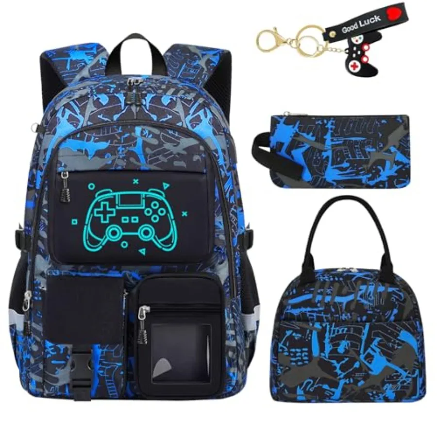 

School Backpack for Boys - 4pcs Gamer Boys Backpack with Lunch Box Set for Teens Elementary Middle High School - 18" Large Capa