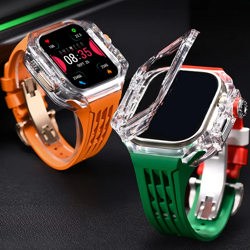 

Роскошный комплект модификации для Apple Watch Ultra 2, 49 мм, прозрачный корпус, резиновый ремешок для серии IWatch, аксессуары для мужских часов Ultra