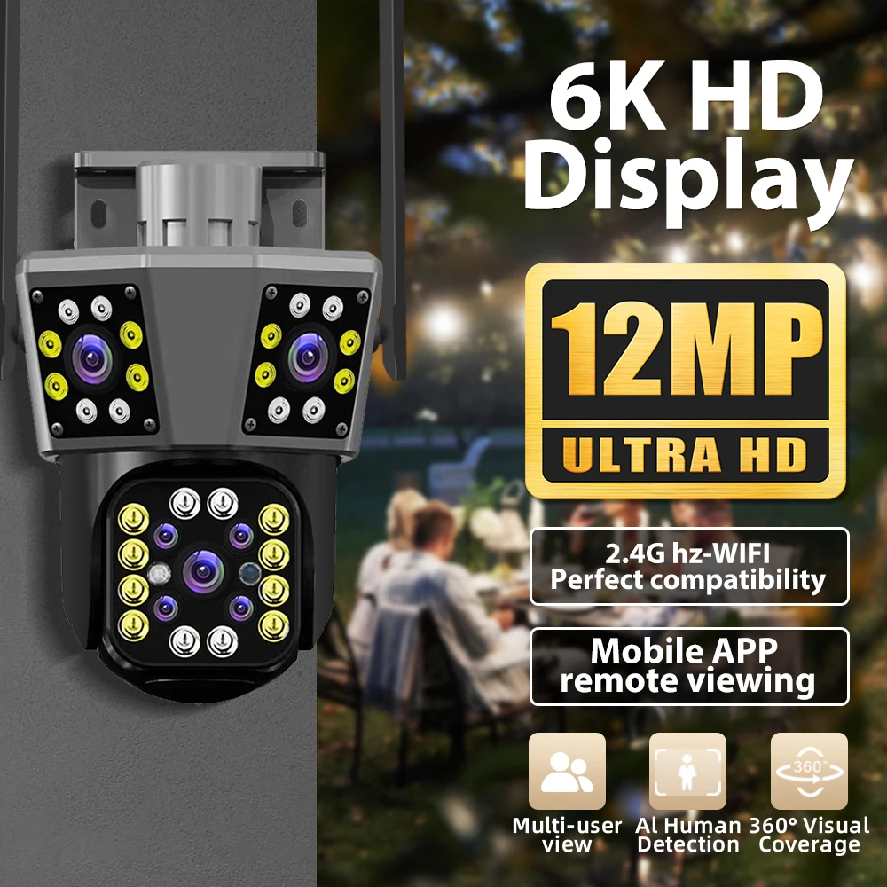 12MP 6K WIFI IP Câmera externa com rastreamento de movimento PTZ 4K Câmera de vídeo com três lentes e três telas Sistema de segurança à prova d'água
