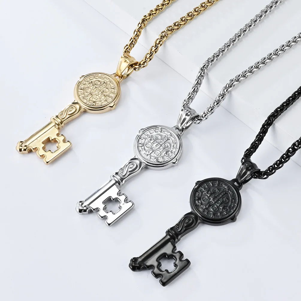 Black Gold Plated Stainless Steel St. Benedict Medallion Prayer Key Two-Sided Pendant Necklace for Men Women