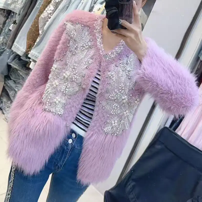 

High-end Pearls Beaded Knitwear Faux Fur Autumn Winter Cardigan Coat Women's Pink Thick Elegant Sweater Outwear Knitted Jacket