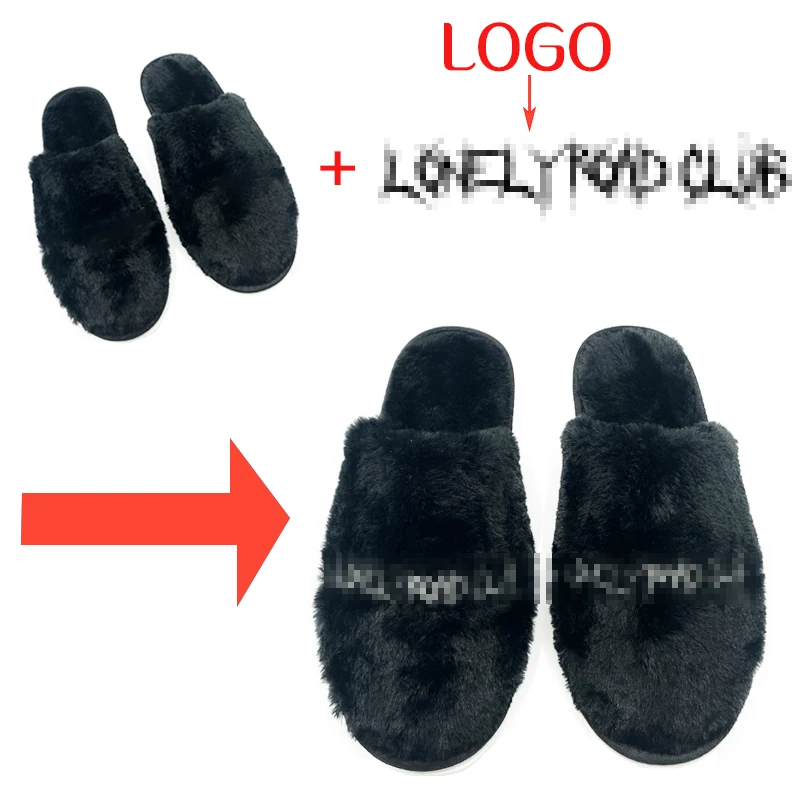 Rytanda Customized Logo Winter Plush Slipper DIY Couple Women Winter Slippers Wholesale House Warm Non-Slip Slides Dropshipping