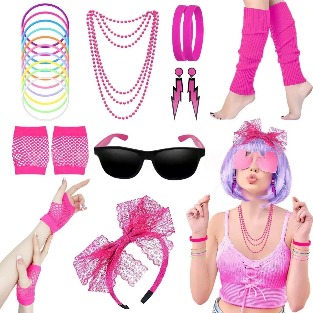 

80s Retro Party Halloween Kid Girl Accessories Women Lace Headband Earrings Fishnet Gloves Necklace Bracelet Jewelry Sets Gift