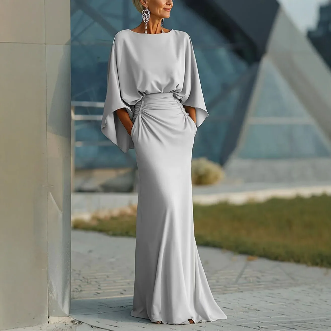 

Fashion Hight Waist Pleated Party Dresses Elegant O Neck Batwing Sleeve Robe Dress Women Sexy Backless Pockets Solid Long Dress
