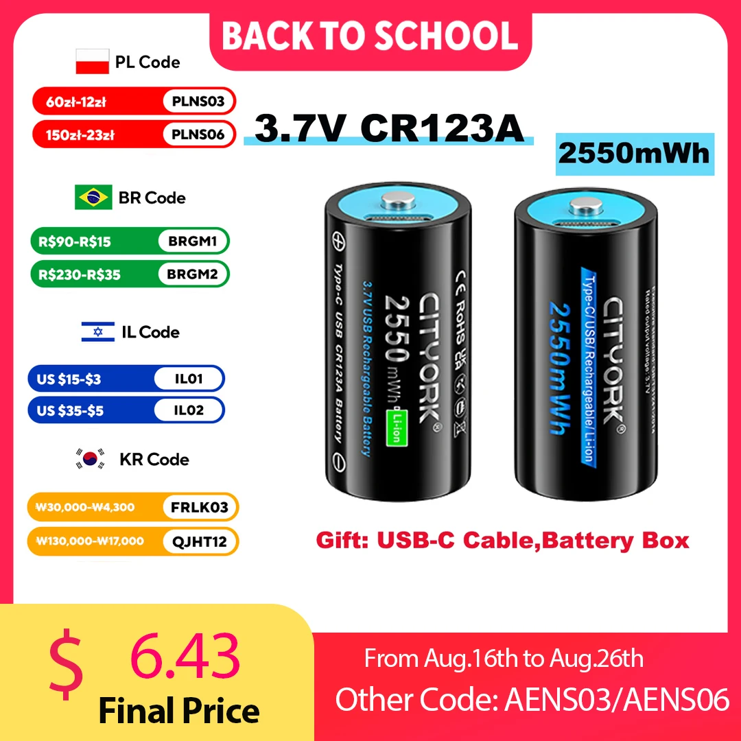 CITYORK 2550mWh 3.7V 16340 16350 Bateria Recarregável Carregamento USB RCR123 CR123A Li-Ion Btteries Para Com Cabo USB