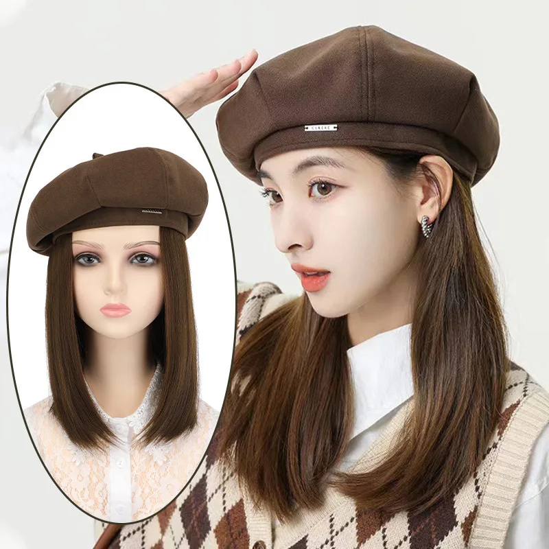 Shangzi Hat Wig 19.5 Inch Straight Short Synthetic Bobo Wigs Hat with Hair Natural Balck French Wool Artist Attached