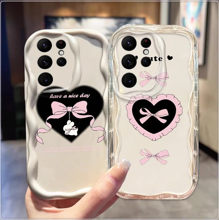 

Bow Bear Love Dark Pink For Samsung S24 S23 S21 S20 Ultra Plus FE A73 A72 A71 A51 A31 A05S A05 A04 5G Wave Oil TPU Phone Case