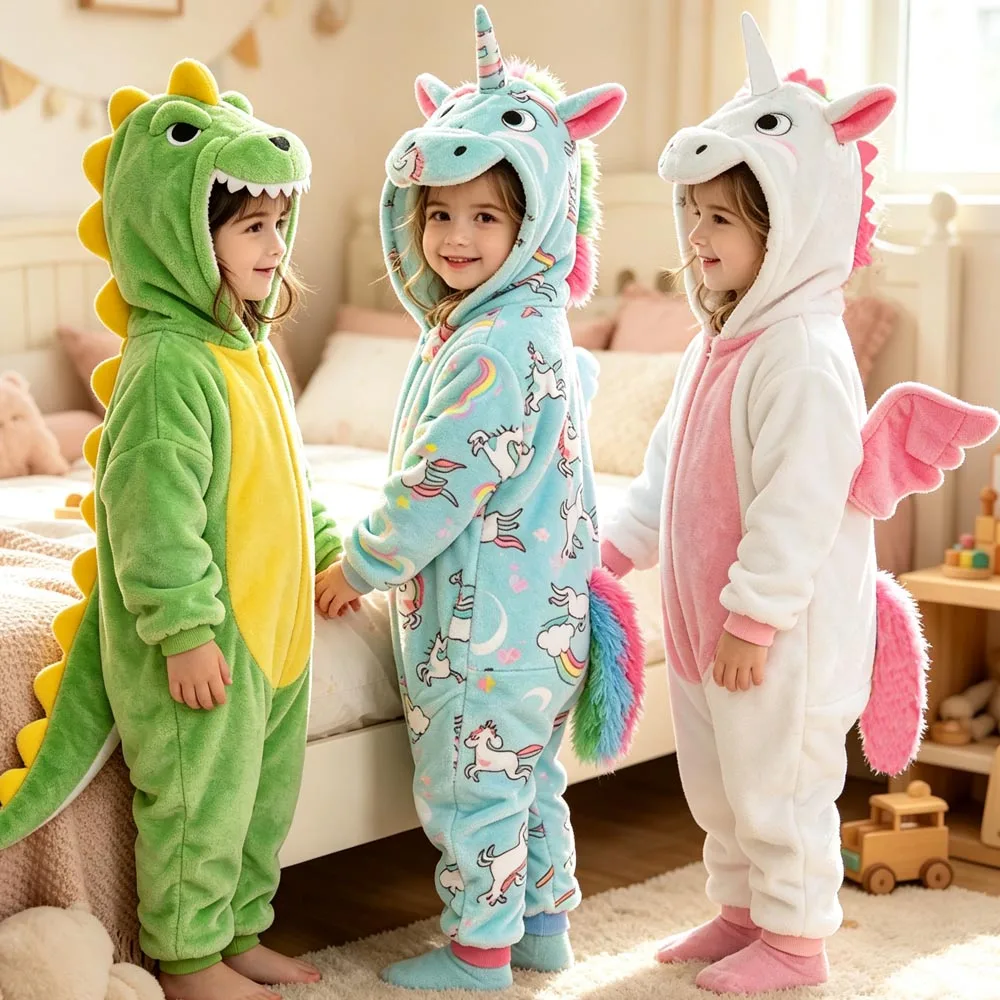Kigurumi Unicorn Pajamas Kids Onesie Red Green Dinosaur Clothes Cosplay Costume Children Sleepwear Jumpsuit Winter Fluffy Pyjama