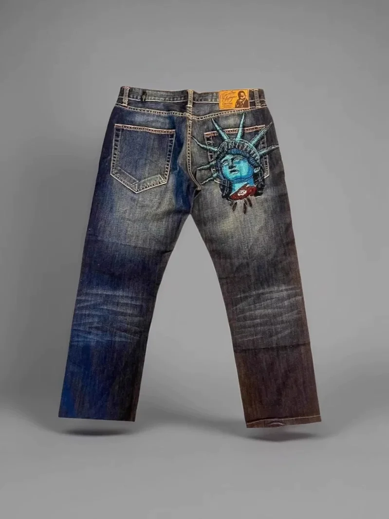 Y2k Vintage Statue of liberty Diamonds Jeans High Waist Straight Wide Leg Jeans Casual Denim Pants 2000s Loose Clothing