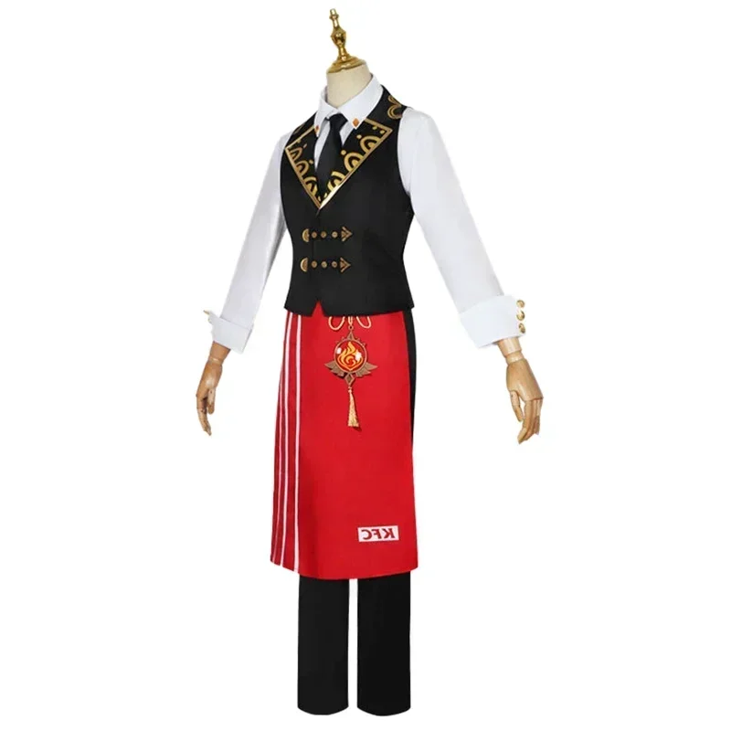 FC6Game Genshin Impact Diluc Cosplay Costume KFC Diluc Genshin Cosplay Men Waiter Uniform Wig Anime Halloween Party Outfit@FC8！