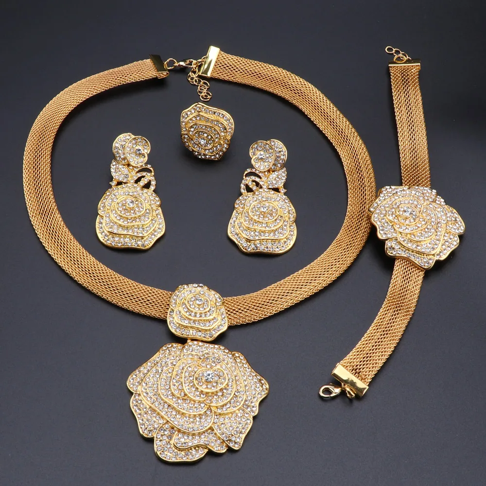 Dubai Gold Color Jewelry Sets For Women Bridal Luxury Necklace Earrings Bracelet Ring Set African Wedding Party Gifts